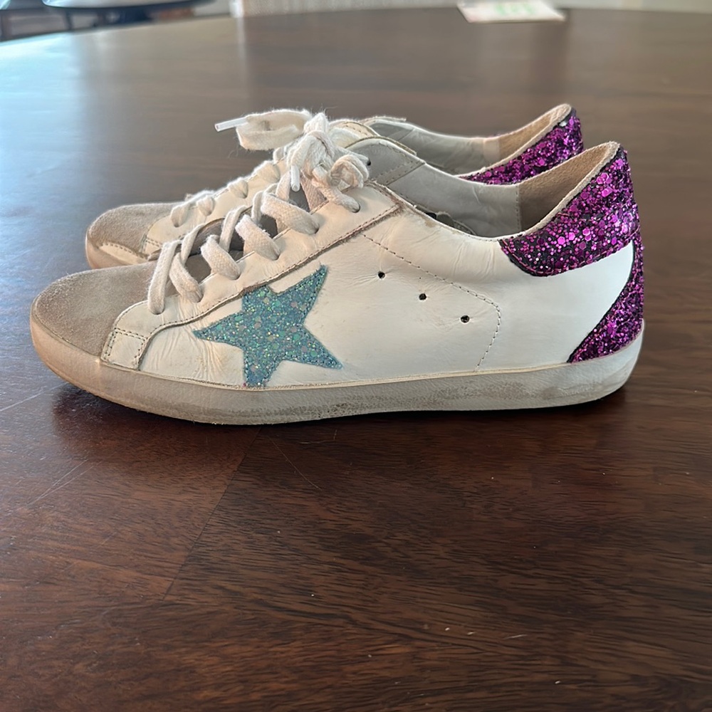 GOLDEN GOOSE SuperStars. Leather & Suede Glitter Sneakers. Size 37. - Picture 4 of 9